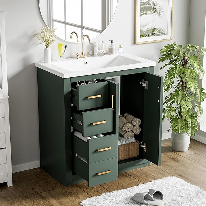 Merax Herringbone Single Sink Bathroom Vanity, Freestanding 30" Modern Bathroom Vanity Storage Cabinet with 3 Drawers and 2 Doors, Solid Wood Frame