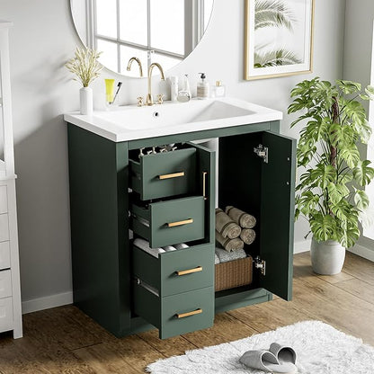 Merax Herringbone Single Sink Bathroom Vanity, Freestanding 30" Modern Bathroom Vanity Storage Cabinet with 3 Drawers and 2 Doors, Solid Wood Frame