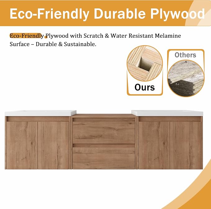 Malwee 72'' Floating Bathroom Vanity with Double Sink, Brown | Wall Mounted Double Sink Combo, Plywood Cabinet, Resin Basin, Ample Storage, Soft-close Hinge, Assembly Required