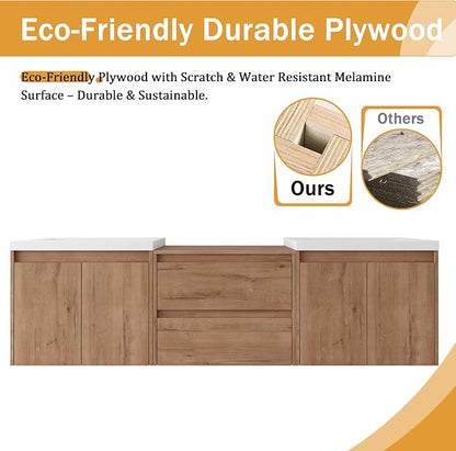 Malwee 72'' Floating Bathroom Vanity with Double Sink, Brown | Wall Mounted Double Sink Combo, Plywood Cabinet, Resin Basin, Ample Storage, Soft-close Hinge, Assembly Required