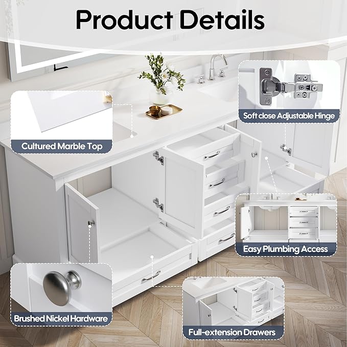 WELLFOR 80 Inch Bathroom Vanity with Double Sinks, Solid Wood Bathroom Vanity W/4 Soft-Close Doors and 6 Drawers, Cultured Marble Countertop Bathroom Vanities W/Sinks, White