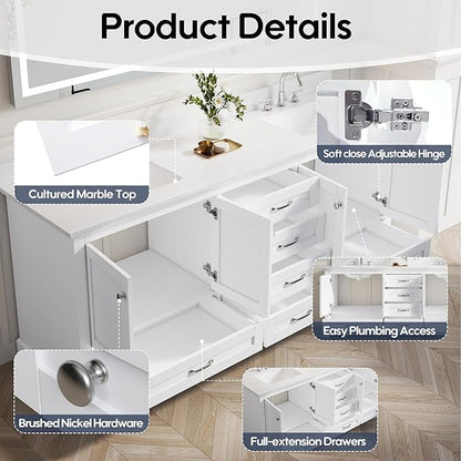 WELLFOR 80 Inch Bathroom Vanity with Double Sinks, Solid Wood Bathroom Vanity W/4 Soft-Close Doors and 6 Drawers, Cultured Marble Countertop Bathroom Vanities W/Sinks, White