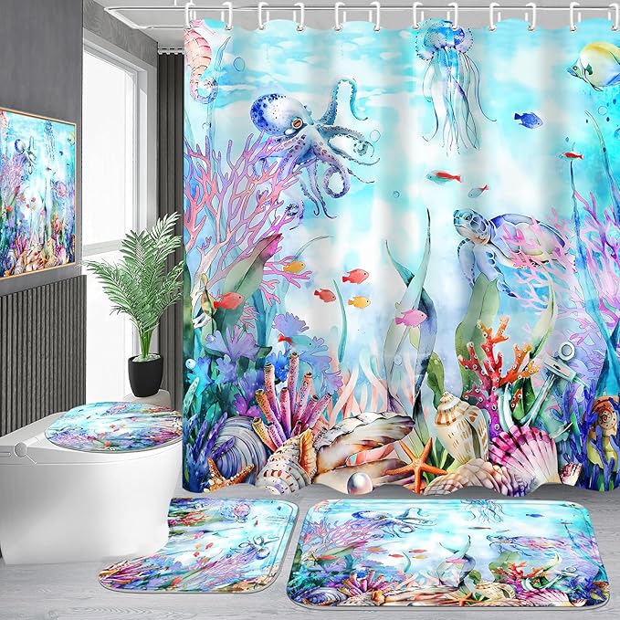 4-Piece Blue Ocean Seaworld Shower Curtain Set Marine Life Bathroom Set with Shower Curtain and Rugs, Octopus Turtle Coral Seagrass Seaworld Bath Curtain with Hooks for Home Decor