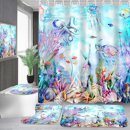 4-Piece Blue Ocean Seaworld Shower Curtain Set Marine Life Bathroom Set with Shower Curtain and Rugs, Octopus Turtle Coral Seagrass Seaworld Bath Curtain with Hooks for Home Decor