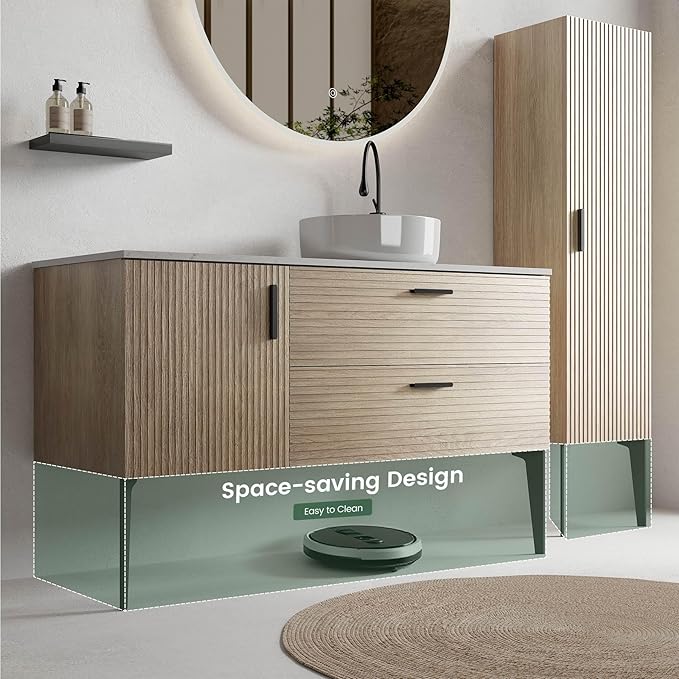 48" Bathroom Vanity with Sink and Side Cabinet Combo Set, Modern Bathroom Cabinet with Ceramic Vessel Sink, Engineered Stone Top, Soft-Closing Drawers & Door, Natural Oak