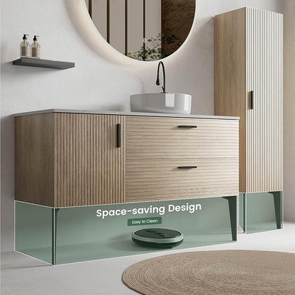 48" Bathroom Vanity with Sink and Side Cabinet Combo Set, Modern Bathroom Cabinet with Ceramic Vessel Sink, Engineered Stone Top, Soft-Closing Drawers & Door, Natural Oak