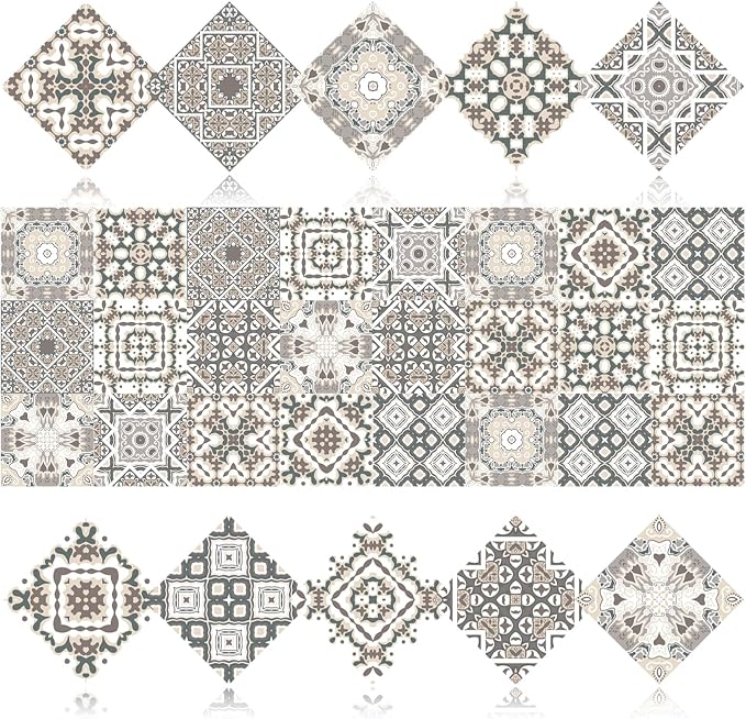 24 PCS Bohemian Floral PVC Peel and Stick Tile Stickers | for Kitchen Bathroom RV, Waterproof Self-Adhesive Removable Backsplash Decals, Easy DIY Upgrade, Smooth Surfaces, 3.94x3.94in