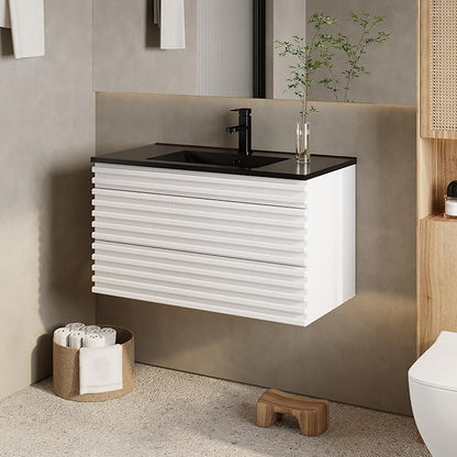 eclife 36" Floating Bathroom Vanity with Sink Combo, Mid-Century Wall Mounted Cabinet with Wood Stripes Decor, Drawers, Undermount Single Black Sink, Faucet, Drain, Mixed White