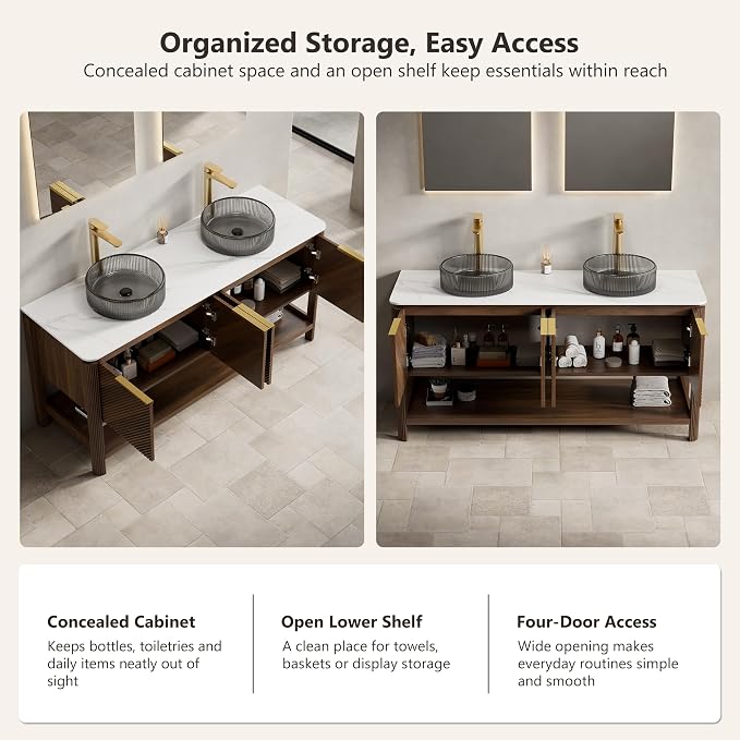 Yayzy 60 Inch Double Sink Bathroom Vanity, Dark Walnut Bathroom Cabinet with Double Smoky Gray Glass Vessel Sinks, Carrara White Sintered Stone Countertop, Soft Close Doors, Open Storage Shelf