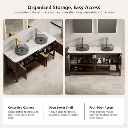 Yayzy 60 Inch Double Sink Bathroom Vanity, Dark Walnut Bathroom Cabinet with Double Smoky Gray Glass Vessel Sinks, Carrara White Sintered Stone Countertop, Soft Close Doors, Open Storage Shelf