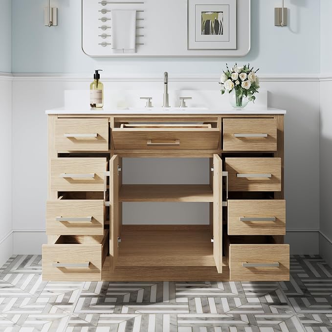48-Inch Bathroom Vanity with Sink W/ 2 Doors & 8 Drawers & 1 Flip Drawer, Oak Vanity W/Brushed Nickel Handles