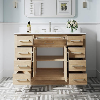 48-Inch Bathroom Vanity with Sink W/ 2 Doors & 8 Drawers & 1 Flip Drawer, Oak Vanity W/Brushed Nickel Handles