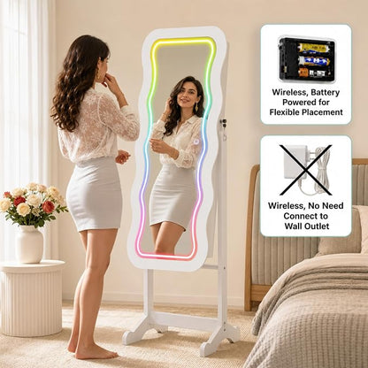 Fiqevs RGB Mirror Jewelry Cabinet, Remote Control LED Mirror with Storage | Standing Jewelry Organizer with Full Length LED Lighting Wavy Mirror, Lockable, Spacious Storage, Jewelry Armoire White