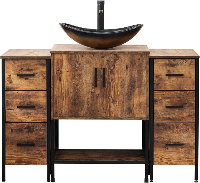 UEV 48" Rustic Brown Bathroom Vanity with Sink Combo,Industrial Iron Frame Bathroom Cabinet Sets with Double 3 Drawers Side Cabinet,Modern Champagne Boat Tempered Glass Vessel Sink(029CH)