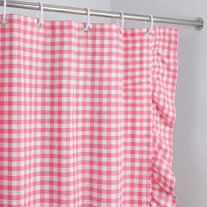 HunnmingRe Ruffled Gingham Shower Curtain Pink | 72'' x 72'' Vintage Farmhouse Curtain, Cotton Cottage Core Rural Checkered Plaid Decor, Fall Shower Curtain for Bathroom