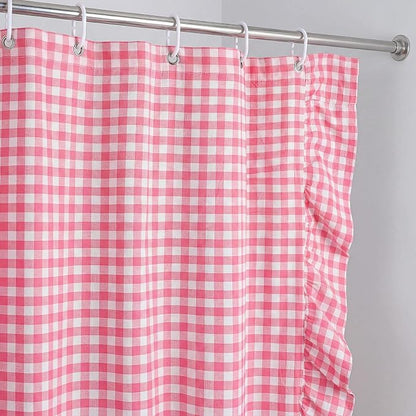 HunnmingRe Ruffled Gingham Shower Curtain Pink | 72'' x 72'' Vintage Farmhouse Curtain, Cotton Cottage Core Rural Checkered Plaid Decor, Fall Shower Curtain for Bathroom