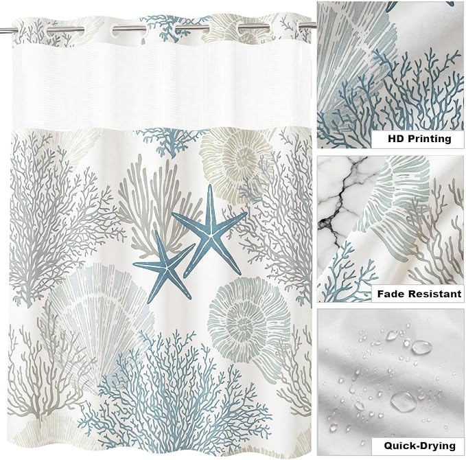 Modern Ocean Cute No Hook Shower Curtain Luxury Nautical Tropical | Kids No Hook Shower Curtain with Snap in Liner, Waterproof Ringless Shower Curtains for Bathroom 72x74 Inch Blue