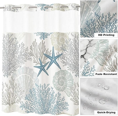 Modern Ocean Cute No Hook Shower Curtain Luxury Nautical Tropical | Kids No Hook Shower Curtain with Snap in Liner, Waterproof Ringless Shower Curtains for Bathroom 72x74 Inch Blue