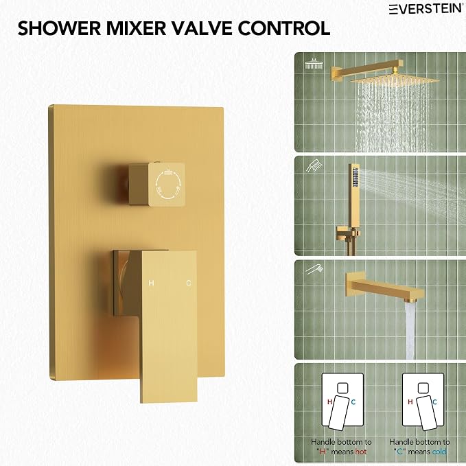Shower Tub Faucet Set, 10" Bathroom Rainfall Shower Head Fixtures Combo with Handheld Spray and Tub Spout, Brushed Gold (Valve Included)