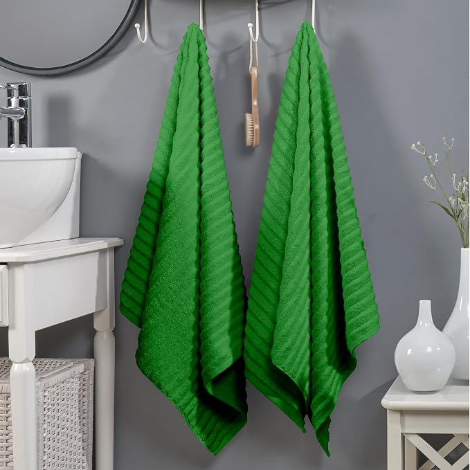 Elegant Comfort 100% Turkish Cotton Corduroy Ribbed Luxury Soft 2 Pack Bath Towels 27 x 54 Inch - Ultra Plush, Absorbent, Quick Dry, Hotel Spa Quality Towels for Bathroom Essentials, Emerald Green