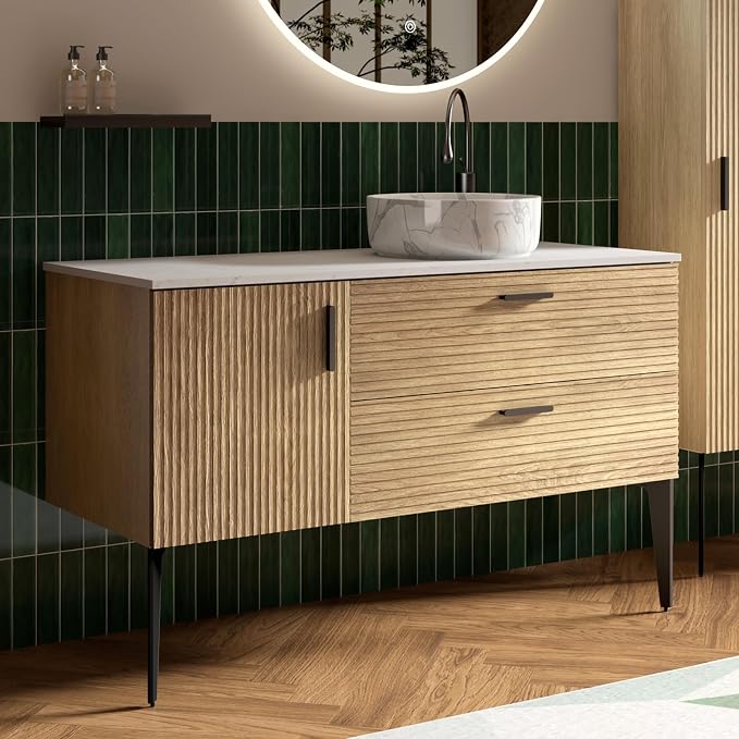 48" Fluted Bathroom Vanity with Vessel Sink, Wall-Mounted, Oak | Modern Bathroom Cabinet with Offset Carrara Sink, 2 Soft-Closing Drawers & 1 Door, Engineered Stone Countertop