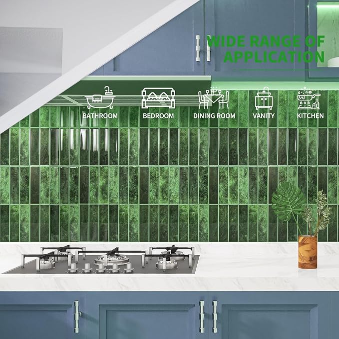 LONGKING 10-Sheet Green Peel and Stick Backsplash Tiles for Kitchen Wall, Kitchen Backsplash Wall Tile, Waterproof Back Splash Stick on Tiles for Bathroom | Peel and stick backsplash, self-adhesive wall tile, Green, waterproof, kitchen bathroom wall, 1...