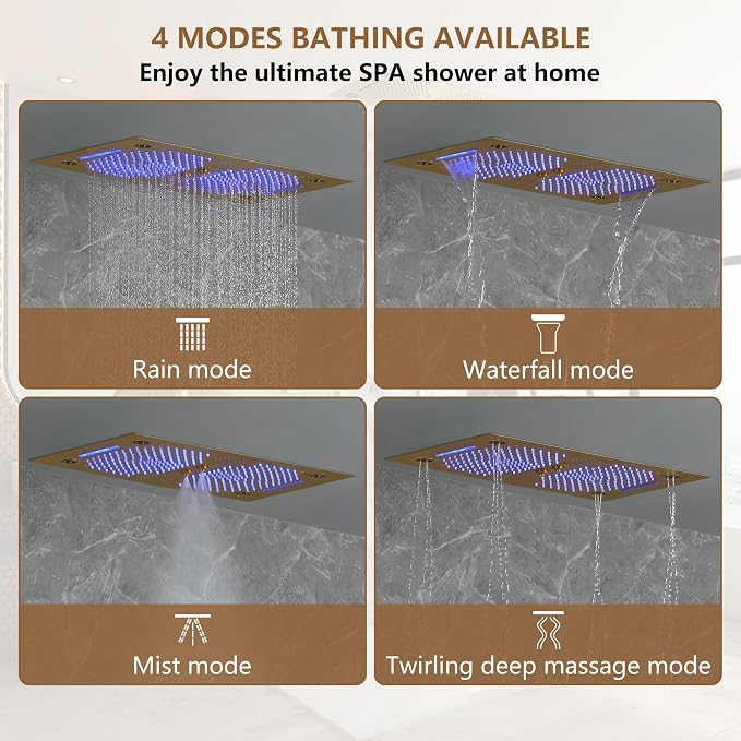 CASAINC 27x16 Inch Thermostatic Shower System Luxurious 6 Functions Full Body Shower System with Sliding Rod 2 in 1 Handheld, LED & Music (Brushed Gold)
