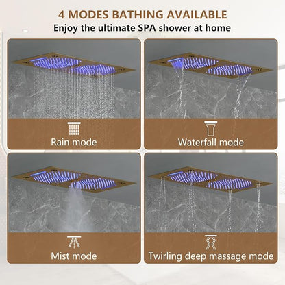 CASAINC 27x16 Inch Thermostatic Shower System Luxurious 6 Functions Full Body Shower System with Sliding Rod 2 in 1 Handheld, LED & Music (Brushed Gold)