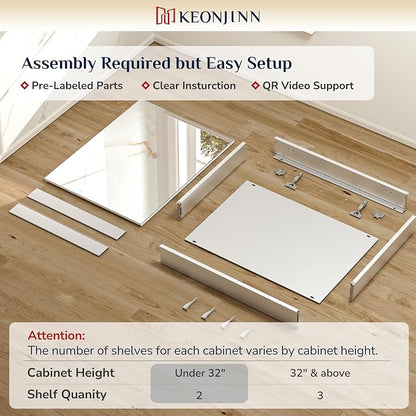 Keonjinn 30 x 26 Inch Bathroom Medicine Cabinet with Mirror, Ample Storage | Assembly Needed, Freely Adjustable Shelves, Tempered Glass, Surface Mount or in Wall, Durable DTC Hinges, Double-door, Silver