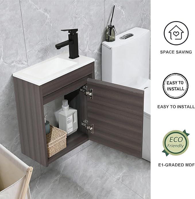 16" Bathroom Vanity Sink Combo for Small Space, Wall Mounted Bathroom Cabinet Set with White Resin Basin Sink Top Black Faucet Pop Up Drain Dark Walnut