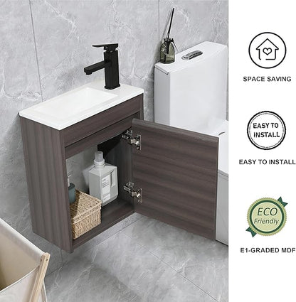 16" Bathroom Vanity Sink Combo for Small Space, Wall Mounted Bathroom Cabinet Set with White Resin Basin Sink Top Black Faucet Pop Up Drain Dark Walnut