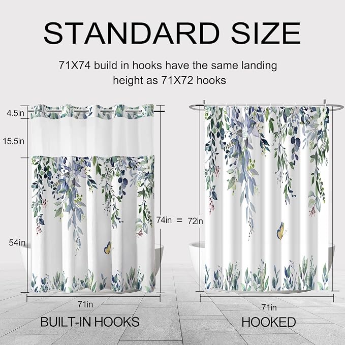 No Hook Shower Curtain and Liner Set, Green Eucalyptus 71x74 | Floral Design, with Snap in Liner, Waterproof, Machine Washable, Quick-Drying, for Hotel Bathroom