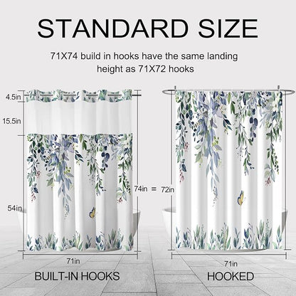 No Hook Shower Curtain and Liner Set, Green Eucalyptus 71x74 | Floral Design, with Snap in Liner, Waterproof, Machine Washable, Quick-Drying, for Hotel Bathroom
