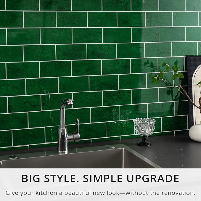 StyloVue 100 Pieces Peel and Stick Backsplash for Kitchen, 3" x 6" PVC Subway Tile, 2026 Upgraded Emerald Green Stone, Stick on Wall Tile for Kitchen, Bathroom, Fireplace, RV