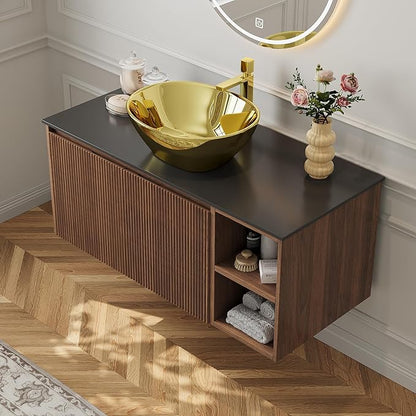 36" Modern Floating Bathroom Vanity with Single Sink - Wall Mounted Storage Bathroom Cabinet with Black Sintered Stone Countertop| Large Storage Space & Open Shelves, Dark Wood