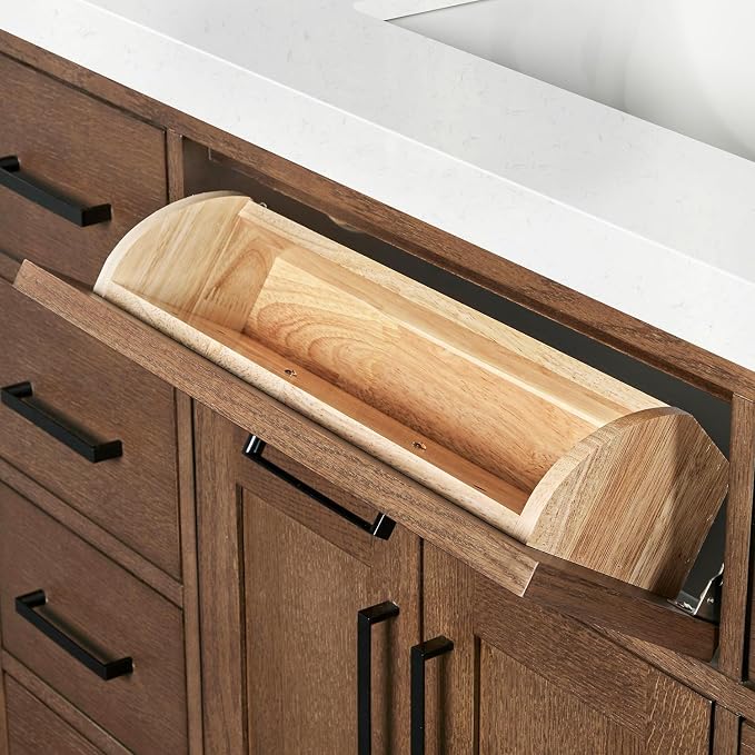 Isabella 48-Inch Brown Oak Single Bathroom Vanity with Sink, 1.5-Inch Edge Carrara White Quartz Countertop & 4" Backsplash, Soft-Closing Doors & Drawers, Solid Oak Wood Construction