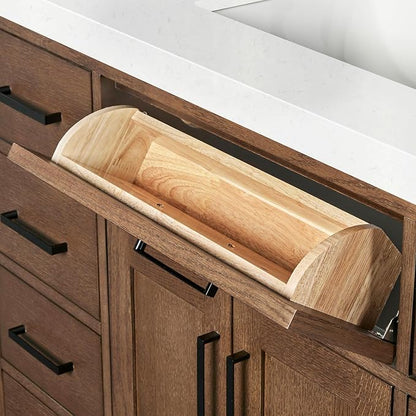 Isabella 48-Inch Brown Oak Single Bathroom Vanity with Sink, 1.5-Inch Edge Carrara White Quartz Countertop & 4" Backsplash, Soft-Closing Doors & Drawers, Solid Oak Wood Construction