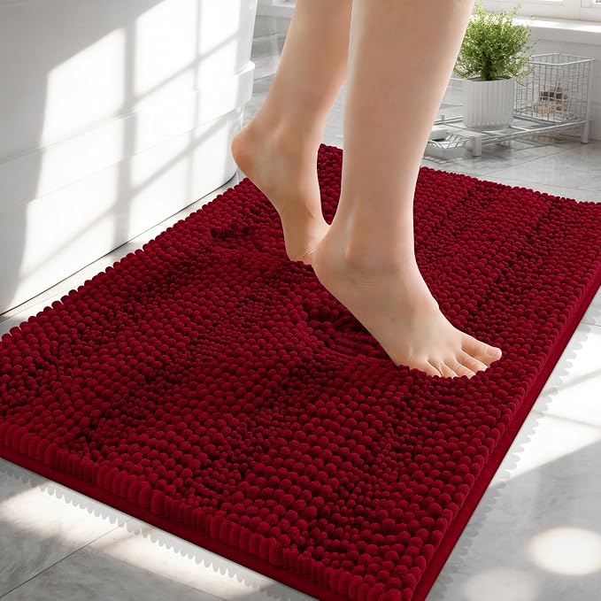 OLANLY Thick Small Bathroom Rugs 24x16, Soft Chenille Bath Rugs, Red | Rubber Backing, Machine Wash, Extra Absorbent Striped Bath Mats for Bathroom Floor, Tub and Shower, Home Decor Accessories