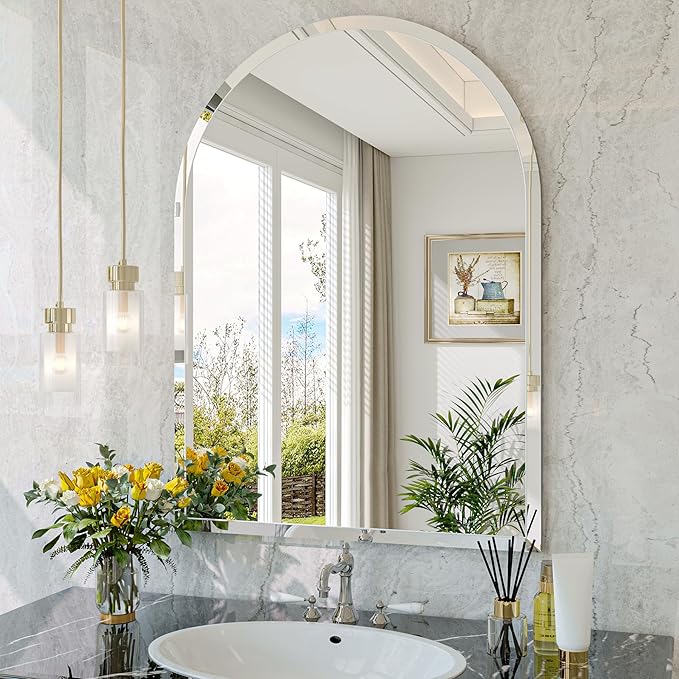 Frameless Arched Mirror, 18"x26" Beveled Arch Vanity Mirrors | Frameless, 15mm beveled edge, 5mm HD glass, shatterproof, anti-rust, french cleat, for bathroom/bedroom/entryway