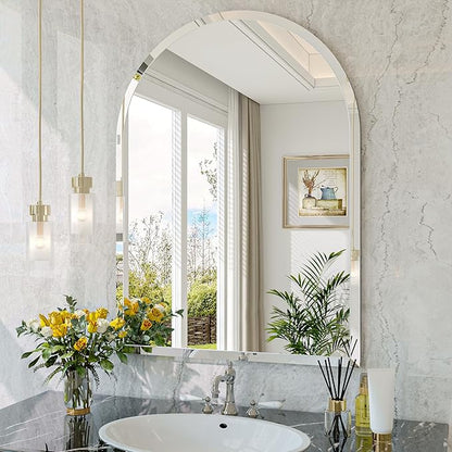Frameless Bathroom Mirror, 24"x32" Beveled Arched Vanity Mirrors | Frameless, 15mm beveled edge, 5mm HD glass, shatterproof, anti-rust, french cleat, for bathroom/bedroom/entryway