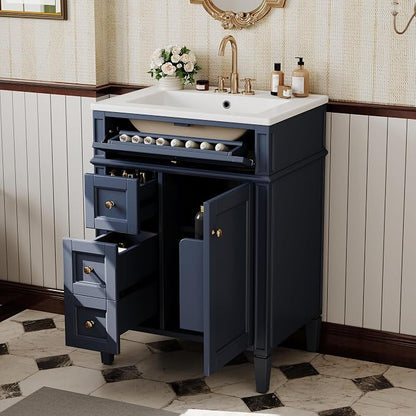 Merax 24 Inch Bathroom Vanity with Ceramic Sink, Solid Wood Frame Modern Bathroom Sink Storage Cabinet with 2 Drawers and a Tip-Out Drawer, Single Sink Bathroom Vanities, Navy Blue