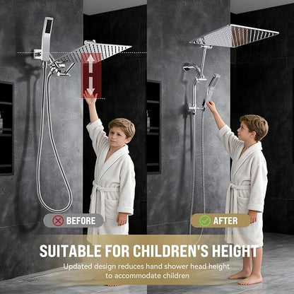 All Metal 12 Inch Rain Shower Head with Handheld Built-in Power Wash Mode, High Pressure Waterfall Rainfall Square Shower Heads with 16" Adjustable Extension Arm, Dual Showerhead(Chrome)