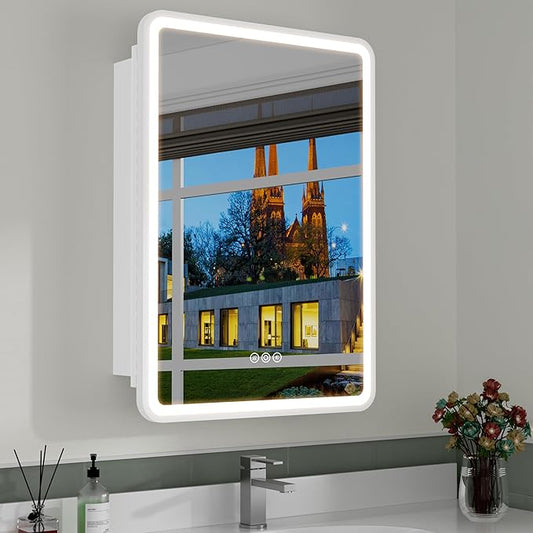 20x28 Inch Medicine Cabinet with Mirror, Recessed or Surface Mount Bathroom Medicine Cabinet with LED Lights, Anti-Fog, Memory Function, Adjustable Shelf, Dimmable Light, ETL Listed, White,Right Hinge