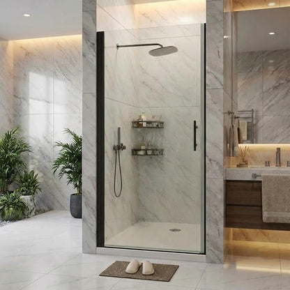 Frameless Hinged Shower Door, Adjustable 33.6"-34.6" W x 72" H Single Swing Pivot Door, 6mm (1/4") Tempered Glass with Coating, Matte Black Stainless Steel Handle, Reversible for Left/Right Installati