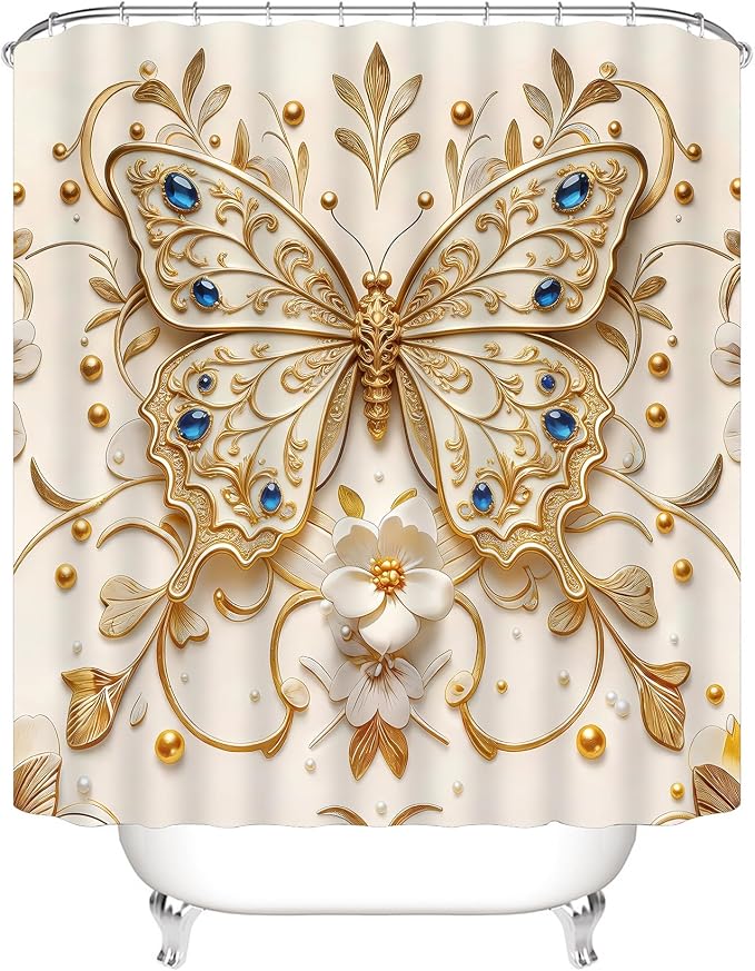 Chrainy 4pcs Golden Butterfly Shower Cutain Set Bathroom Decor Accessories | Waterproof Floral Bath Curtain for Bathroom Washroom 71*71 in with Non-Slip Rug, U-Shaped Mat, Toilet Lid Cover and 12 Hooks