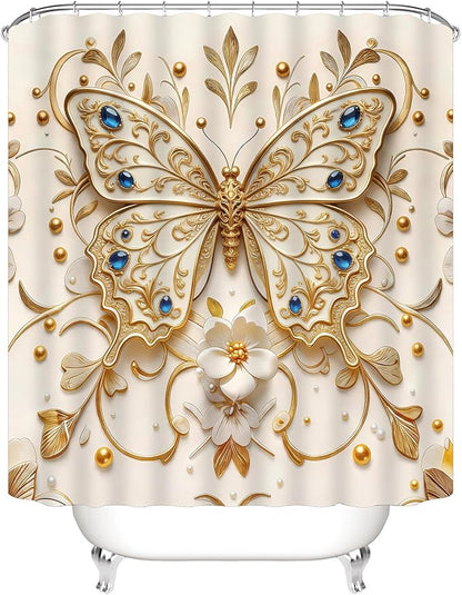 Chrainy 4pcs Golden Butterfly Shower Cutain Set Bathroom Decor Accessories | Waterproof Floral Bath Curtain for Bathroom Washroom 71*71 in with Non-Slip Rug, U-Shaped Mat, Toilet Lid Cover and 12 Hooks