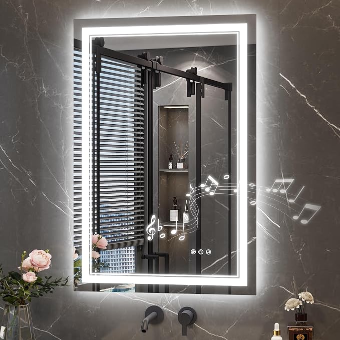 Keonjinn 24" x 36" LED Bathroom Mirror with Lights, Frontlit & Backlit | Bluetooth Speaker, Bluetooth Mirror Bathroom, Dimmable 3-Color Lights, Tempered Glass, Anti-Fog, CRI90+, Plug-in/Hardwired