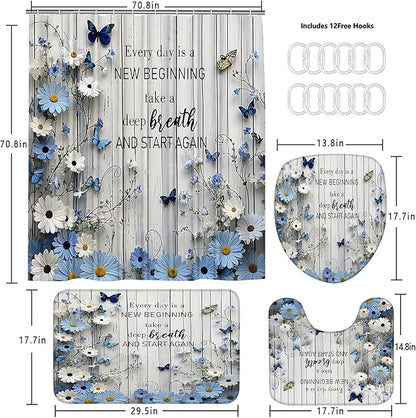 AZHM Blue Daisy Flower Shower Curtain Set 4pcs Rustic Daisy Floral Bathroom Set with Butterfly Accents with Inspirational Quotes Shower Curtain and Rugs