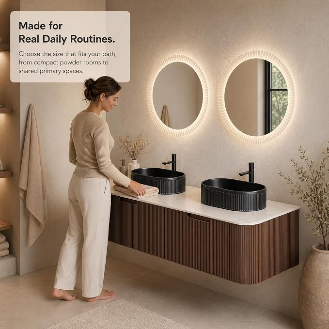 60 Inch Double Sink Bathroom Vanity, Floating Wall Mounted Cabinet, Dark Walnut Curved Fluted Front, Stone Top, Dual Black Textured Oval Vessel Basins, Pre-Assembled