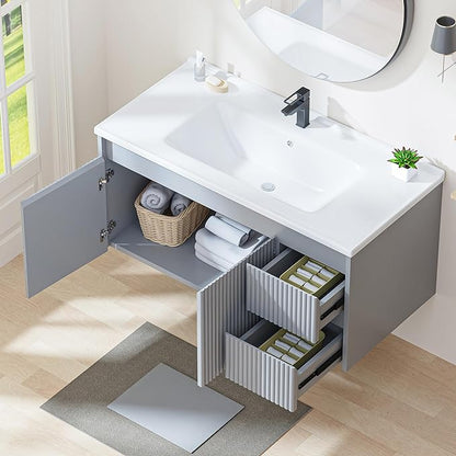 Floating Bathroom Vanity with Sink, 40 Inch Wall Mounted Bathroom Vanity with 2 Drawers and Wave-Carved Design Door, Modern Wooden Cabinet with Ceramic Sink and Storage, Grey